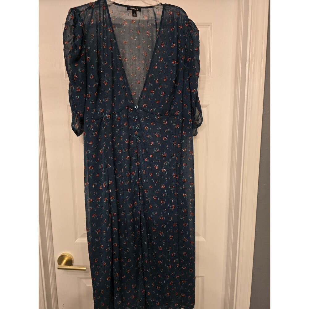 Torrid Maxi Chiffon duster Kimono ruched sleeve sheer lightweight floral 2XL